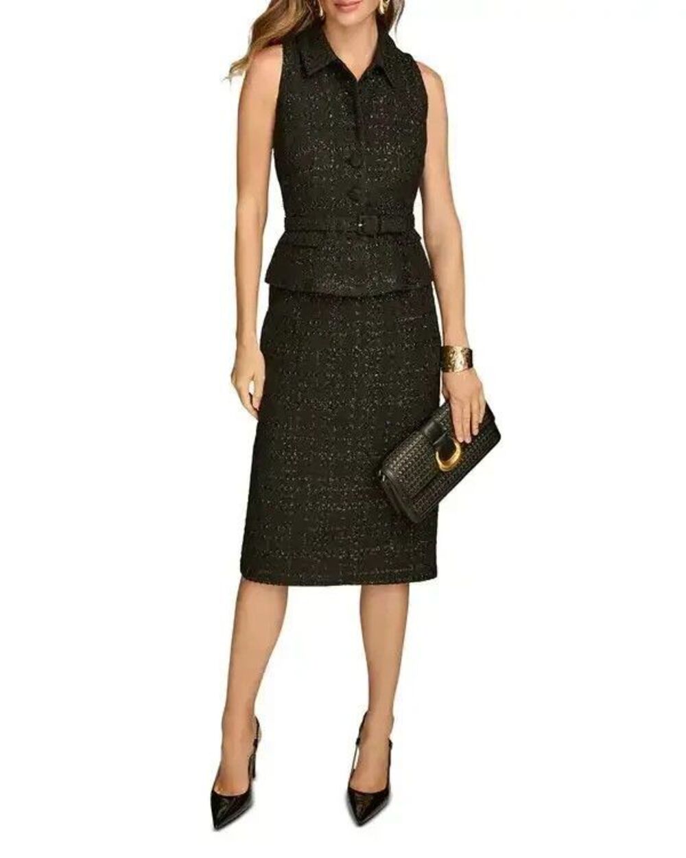 DONNA KARAN Women's Black Tweed Sleeveless Belted Midi Dress NWT 12